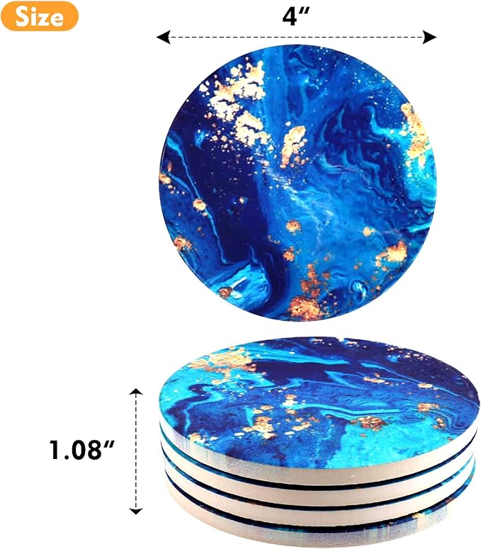 Blue Coasters for Drinks Absorbent Stone Coaster Set,Ceramic Cup Holder Coasters Coffee Mug Place Mats with Cork Base,Prevent Furniture from Dirty and Scratched,Ideal Home Decor|Mandala Style Set of 4