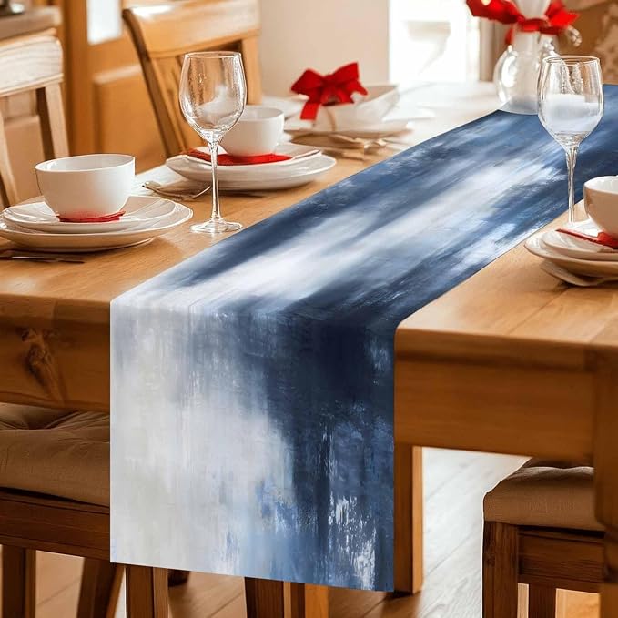 Ombre Dark Blue Short Table Runners 48 Inches, Cotton Linen Fabric Table Runner Dresser Scarf, Modern Simple Painting Art Tablerunner for Party/Kitchen/Dinner/Wedding Decor 13"x48"