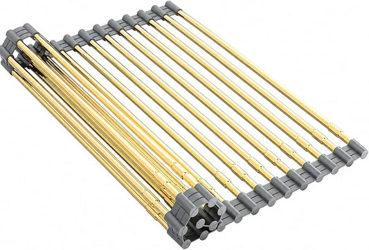 Expandable Large Draining Rack, Roll Up Heat-Resistant Dish Drainer for Stainless Steel Sinks, Collapsible Over The Sink Rack Non-Slip Silicone Rolling Up Rack Gold 18 Tube