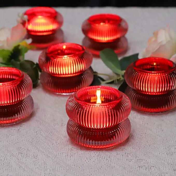 Woho Ribbed Glass Votive Candle Holders Set of 6, Red Tealight Candle Holder for Wedding Table Decor, Vintage Tea Lights Candle Holder for Christmas/Valentines Day Decorations (Red, 2.1" H X 2.75" D)