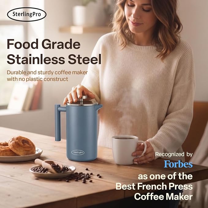 SterlingPro Non-Toxic Large Insulated Stainless Steel French Press Coffee Maker 51oz Capacity (44 oz Brew Yield) – Double Wall Metal Coffee Press | Cool-Touch | Blue Finish | 12 Cups / 6 Mugs