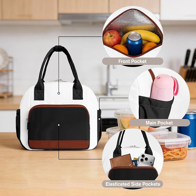Stylish Color-blocked Lunch Bag for Women, Leakproof Lunch Box for Adult Girls, Large Capacity Reusable Lunch Box for Work Picnic Travel (Black with Off White with Brown)
