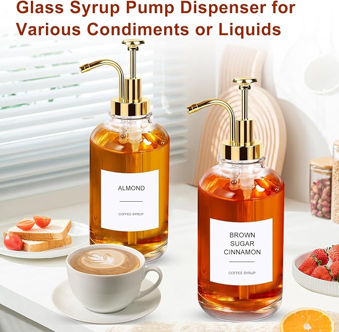 Coffee Syrup Dispenser for Coffee Bar, Coffee Syrup Pump Dispenser, Glass Syrup Bottle with Upgraded Pump, 2 Pack 16.9 oz 500 ml Syrup Dispensers, Contains 36 Labels, Bottle Brush, Funnel, Bamboo Tray