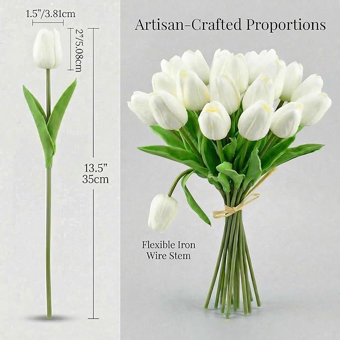 Mandy's White Artificial Tulips Flowers Centerpiece, 13.5" Lifelike PU Fake Floral Stems 20pcs for Kitchen Island & Dining Table, Spring Decor for Easter
