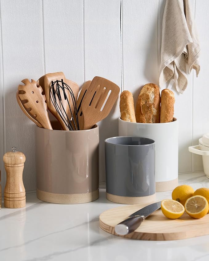 famiware Milkyway Kitchen Utensil Holder for Countertop, Ceramic Cooking Utensil Crocks for Kitchen Counter, Utensil Organizer for Spatula & Spoon, Set of 2, Dark Gray and White