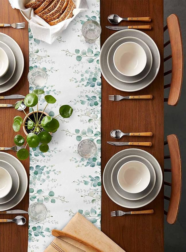Sage Green Eucalyptus Table Runner 108 Inch Long Dresser Scarves Spring Summer Leaf Cotton Linen Tablerunners Rustic Country Plant Dining Kitchen Burlap Table Setting Decor for Party Holiday, 13"x108"