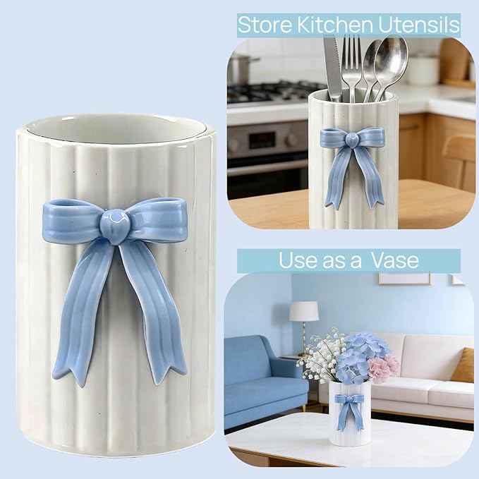 Handmade Blue Bow Ceramic Utensil Holder, 3D Coquette Cooking Utensil Crock for Kitchen Counter, Preppy Storage Caddy Organizer Vase Decor for Kitchen Countertop