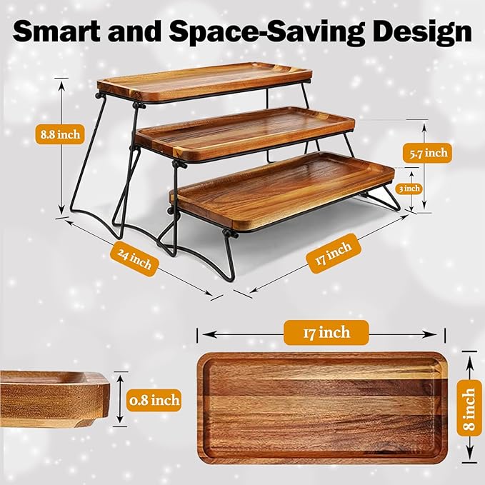Eco-Friendly Cupcake Stand Cheese Charcuterie Boards Food Platter Serving Tray Acacia Wooden Tower Dessert Table Display Set 3 Tiered Decor Small Rustic Wood Platter Trays Family Parties