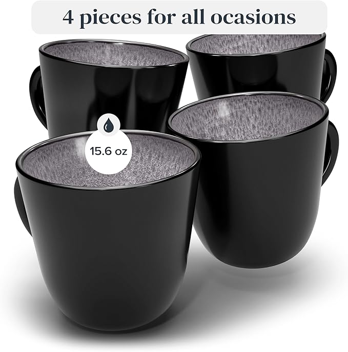 PURE LIVING INTERIOR DESIGN Stoneware coffee mugs set 4 pcs – 14.5 oz dark gray ceramic coffee cups – Dishwasher and microwave safe – Stylish modern mug set – Dinner service