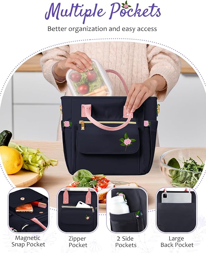 GLORIEROO Deluxe Insulated Lunch Box Bag Women - Leakproof Waterproof Cooler with Multi Pockets Removable Strap for Work Picnic - Teacher Mothers Day Christmas Birthday Gifts