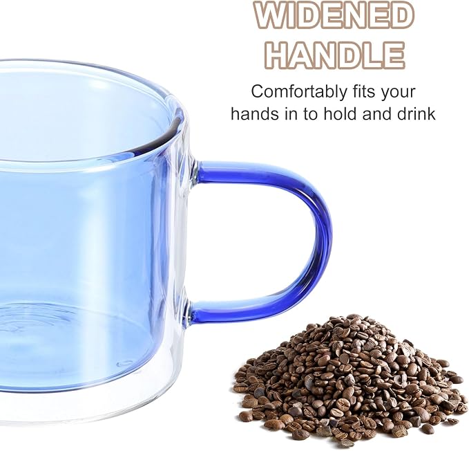 uxcell 8.4 oz Double Wall Glass Coffee Mugs, Glass Tea Cup with Widened Handles for Espresso Coffee, Cappuccino, Tea Bag, Latte, Hot Cold Beverages, Juice, Blue