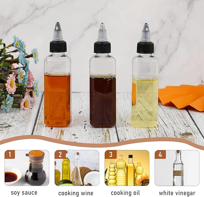 Sliverdew 4 Pcs Oil Squeeze Bottles 3.4 OZ Empty Bottles with Twist Top Cap Plastic Liquid Condiment Container Leak-Proof Dispensing Bottles for Oil Soy Sauce Vinegar Syrup Ketchup