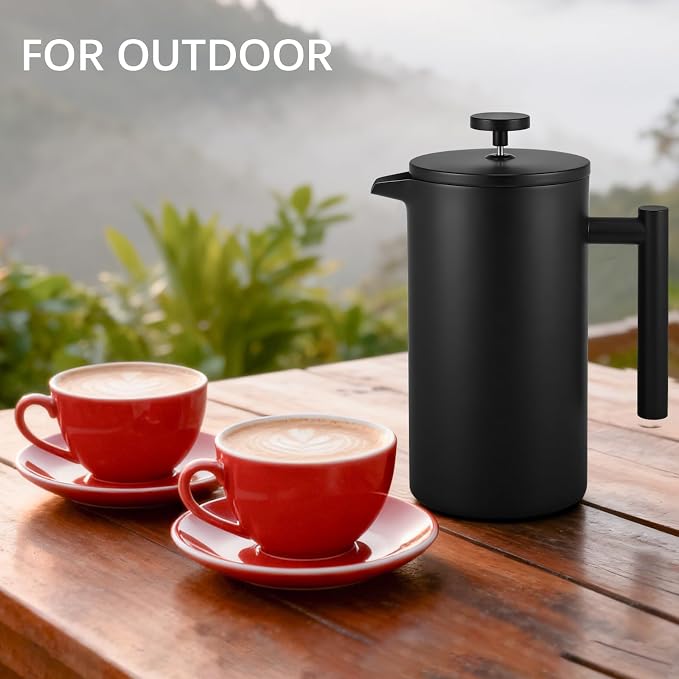 French Press Coffee Maker, 304 Grade Stainless Steel French Press with 2 Extra Filters for Home, Office, Travel, Camping - 34OZ/2 Litre (Black)