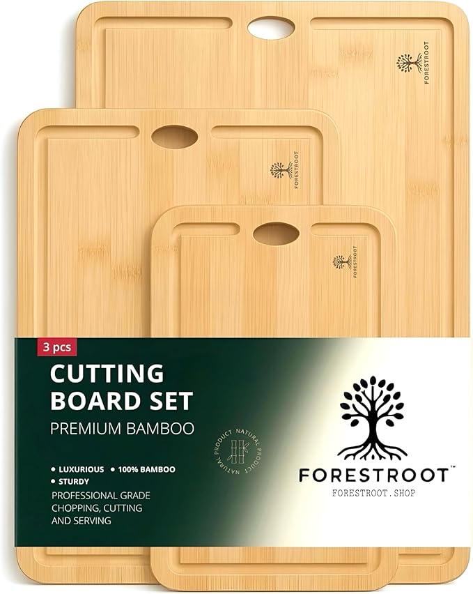 Bamboo Cutting Board Set – 3-Piece Natural Bamboo Boards with Deep Juice Grooves & Hanging Holes, Eco-Friendly Wooden Cutting Boards for Kitchen, Perfect for Chopping Meat, Bread & Fruits