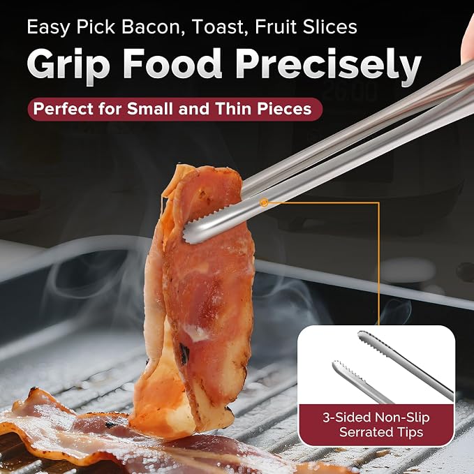 Precision Serrated Non-Slip Tips Cooking Tongs 2 Set (9.5" & 11.5"), One-Piece 18/8 Stainless Steel Metal Tongs, Easily Control Kitchen Tweezer, Multi-Purpose Korean Tong