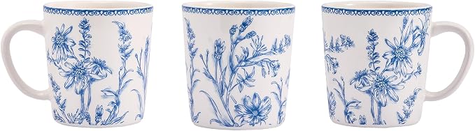 Bico Blue Garden Toile De Jouy Ceramic Coffee Mugs Set of 4, 18 oz Large Tea Cups with Handle, Aesthetic Latte Mugs for Cappuccino Cocoa, Lead-Free, Dishwasher and Microwave Safe, Housewarming Gift