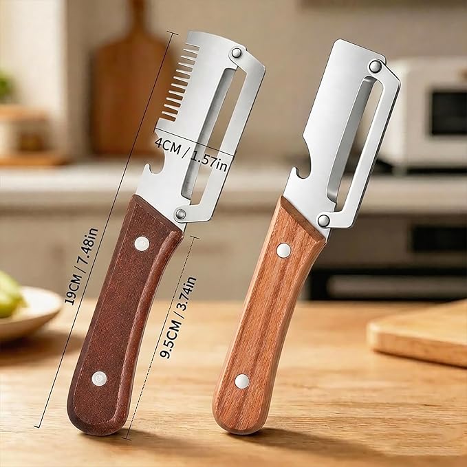 2 PCS Multifunctional Vegetable Peelers for Kitchen, 2026 Upgraded Stainless Steel Peeler with Bottle Opener, Wooden Handle,Julienne Cutter, 2-in-1 Non-Slip Kitchen Tool for Potato, Carrot, Fruits