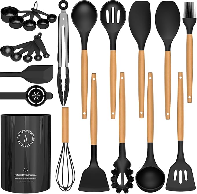 Silicone Cooking Utensils Set - AVGPD Silicone Kitchen Utensils for Cooking Wooden Handles, 446°F Heat Resistant Kitchen Utensil Spatula Sets, Gadgets for Non-Stick Cookware BPA FREE (Black)