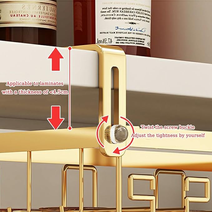 Wine Glass Rack Under Cabinet, Nail Free Wine Glass Holder Under Liquor Shelf, Hanging Adjustable Stemware Storage Drying Hanger Organizer for Kitchen Cabinet Bar(24CM/9.4in), Gold