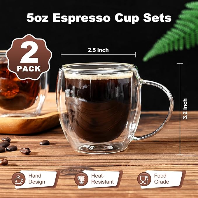 Double Walled Glass Coffee Mugs 5 oz,Espresso Cups Set of 2, Clear Insulated Glass Coffee Cups, Expresso Shots Cup with Handle, Clear Coffee Mug, Espresso Shot Cups, Glass Cups