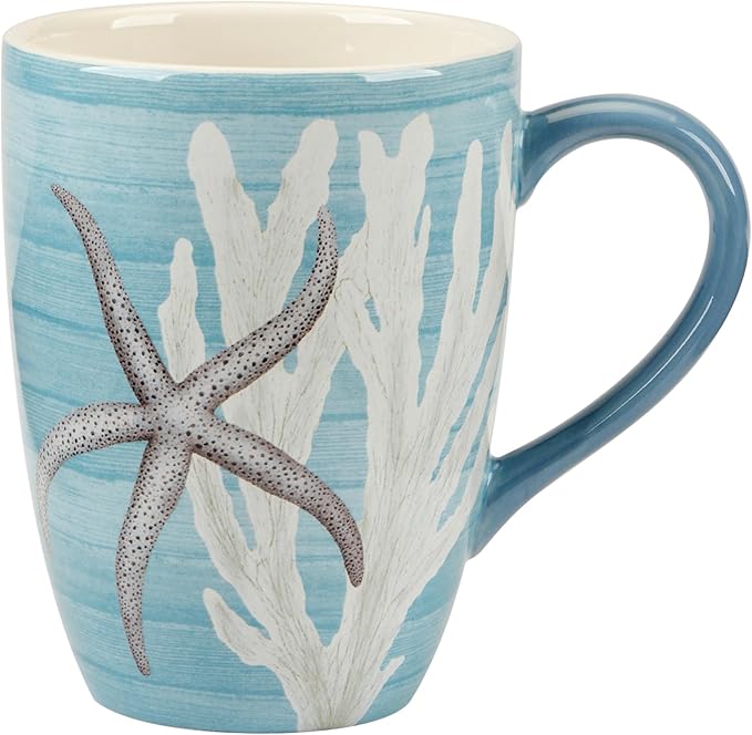 Beyond the Shore 20 oz Ceramic Mugs – Set of 4 with Coastal Shell and Starfish Artwork – Large Coffee or Tea Cups for Ocean Lovers – Dishwasher & Microwave Safe