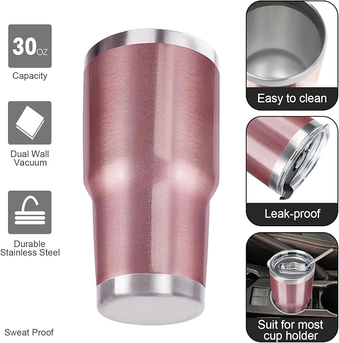 30 oz Tumbler with Lids and Straws Double Wall Vacuum Insulated Tumbler Cup,Stainless Steel Leak-proof Thermal Tumbler Travel Coffee Mug for Cold and Hot Drinks,Rose Gold