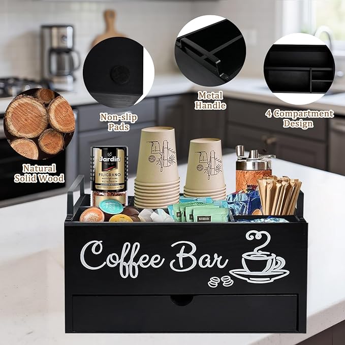 Wood Coffee Bar Organizer with Handle, Coffee Station for Countertop, Bar Station Accessories for Decor, 5 Countertop Storage Accessories Tea Bag Organizer (Double-Deck)