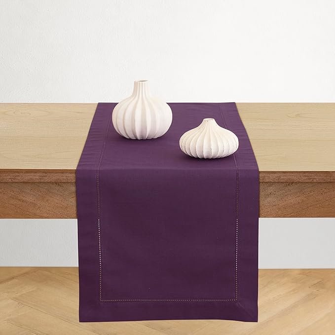 Solino Home Cotton Linen Purple Table Runner 120 Inches Long - Hemstitch 14 x 120 Inch Table Runner