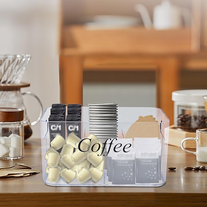Coffee Bar Station Organizer,Clear Plastic Coffee Bar Accessories Bin with Removable 5-Compartment for Pods Condiment Syrup Tea Cups Stirrers,Coffees Pod Holder for Counter,Kitchen,Office