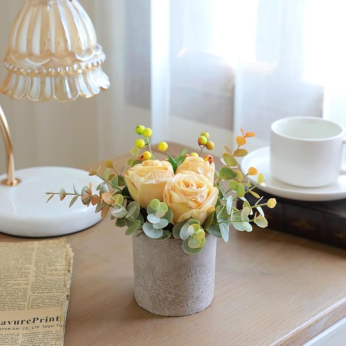 Small Artificial Burnt Yellow Rose Potted Plant, 6" Fake Silk Flowers in 3" Cylindrical Pot, Mini Faux Floral Arrangement for Desk Shelf Bathroom Decor
