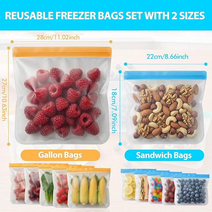 10 Pack Reusable Gallon Freezer Bags Reusable Sandwich Bags Dishwasher Safe, Silicone Leakproof Food Storage Bags BPA Free, Freezer Bags for Marinate Meat Snack Sandwich Meal Prep Travel Kitchen
