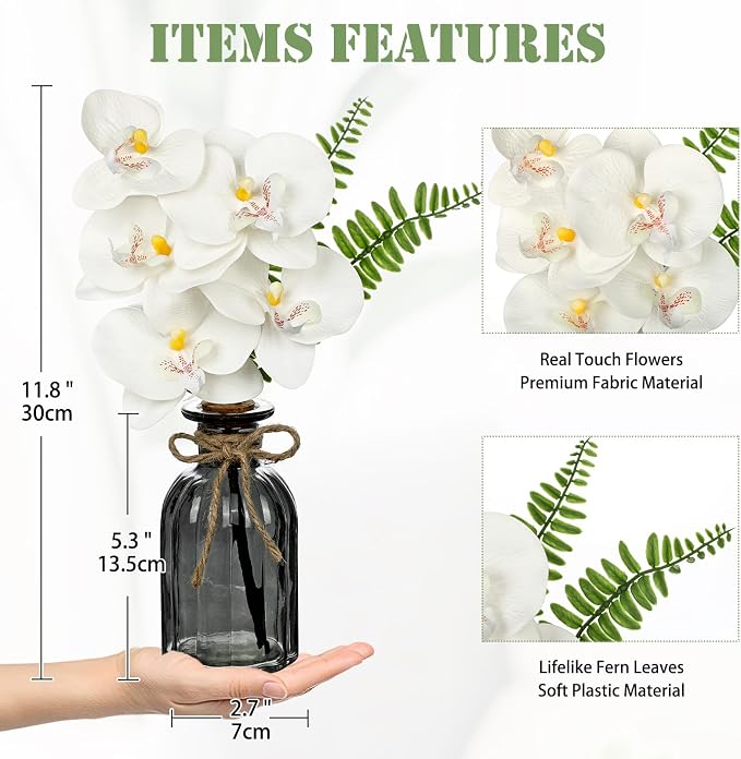 Artificial Orchids Flowers in Vase Faux Orchids Arrangement Small White Orchid with Plant in Glass Vase Black and White Decor Fake Phalaenopsis Orchid Centerpiece for Bathroom Dining Room Table