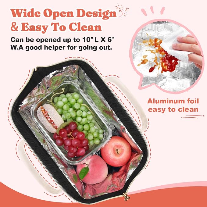 LOKASS Lunch Bag for Women, Insulated Lunch Box, 12L Large Capacity Wide Open Lunch Tote, PU Leather Leakproof Thermal Lunch Bag for Office Work Daily Use