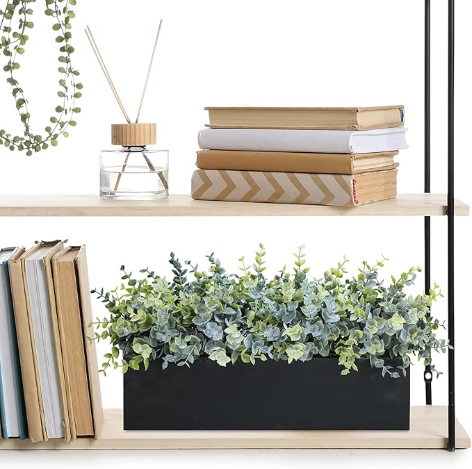 Winlyn 14" Artificial Eucalyptus Arrangement Faux Eucalyptus Plants in Black Rectangular Wooden Planter Box Artificial Potted Plant for Farmhouse Home Wedding Table Centerpiece Shelf Greenery Décor
