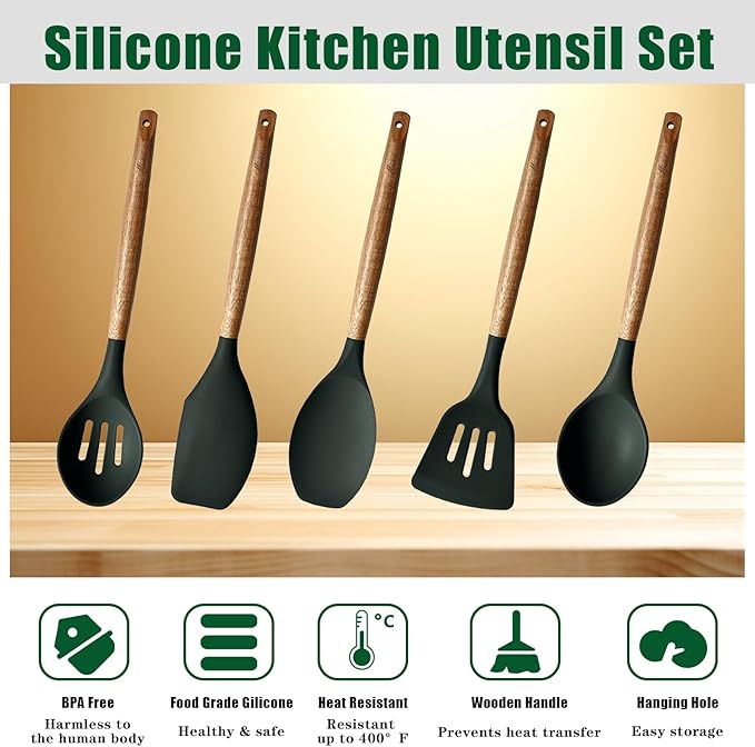 Non-Stick Silicone Cooking Utensils Set with Natural Acacia Hard Wood Handle, 5 Piece, High Heat Resistant (Green)