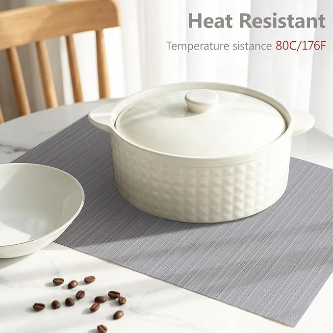 AHHFSMEI Placemats Set of 6 Woven Vinyl Non-Slip Heat Resistant Stain Resistant Easy Clean Place mats for Dining Table(Grey)