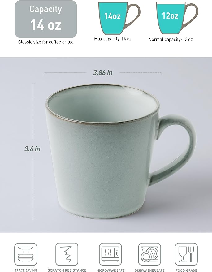 famiware Coffee Mug Set of 4, Annecy 14 oz Ceramic Reusable Cups Set with Handle, Microwavable and Dishwasherable Stoneware Drinkware Set for Tea, Milk, Water, Grey-blue