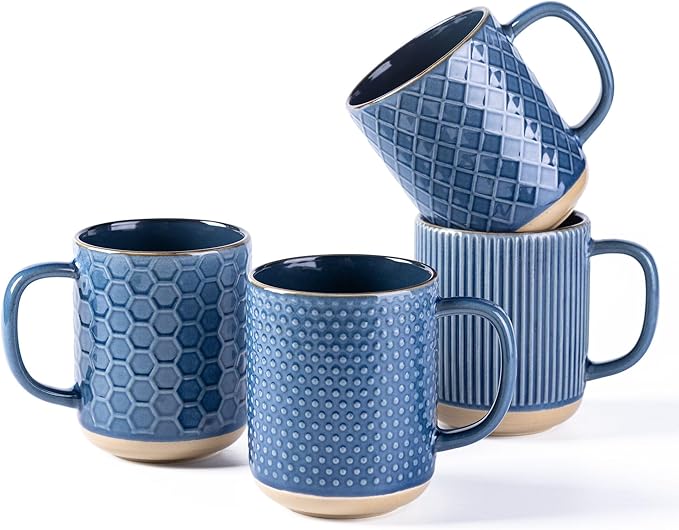 GBhome Stoneware Coffee Mugs Set of 4, 12oz Handmade Ceramic Coffee Mugs Set with Large Handle for Cappuccino/Latte/Tea/Hot Cocoa, Dishwasher & Microwave Safe, Moonlight Blue