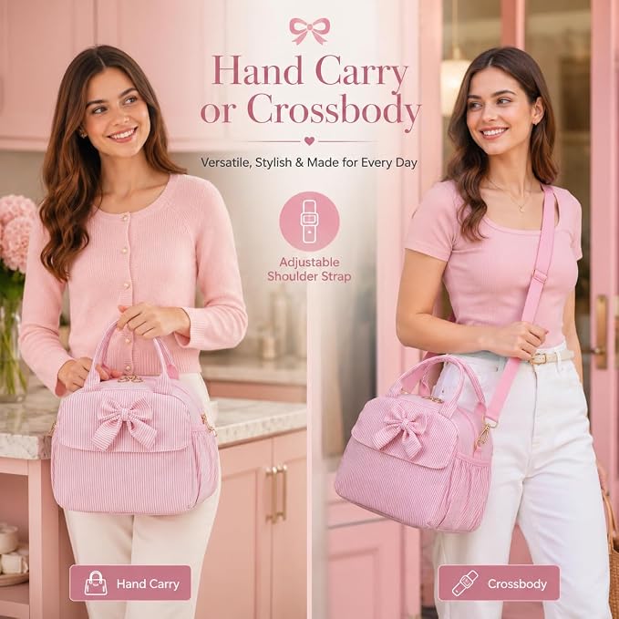LEDAOU Lunch Box for Women, Insulated Lunch Bag for Women, Cute Small Pink Lunch Tote Bag for Work with Bow, Lunch Purse with Shoulder Strap, Reusable Lunchbox for Office, Teacher, Nurse