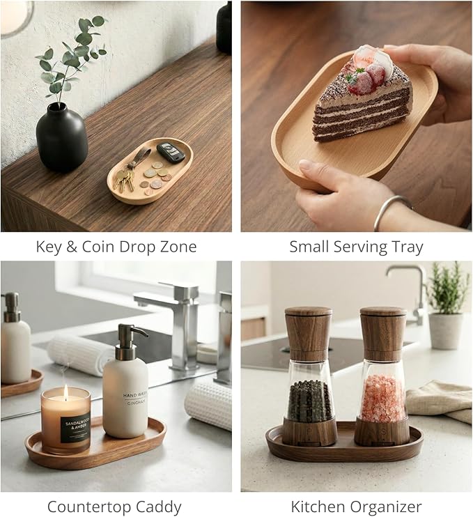 Vandroop Wooden Mini Serving Tray for Parties, Tea & Coffee Table, Small Oval Wood Plate for Fruit & Snacks, Decorative Tray for Jewellery, Keys & Coins, Tray for Bathroom (Beech Wood, 7.8'4.66')