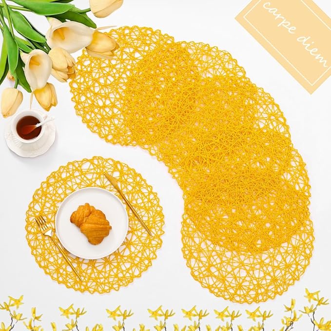 IcosaMro Yellow Round Placemats Set of 6 for Dining Table, 15 Inch Paper Woven Boho Decorative Circle Place Mat for Wedding Christmas Thanksgiving Day Holiday Dinner, 15 Inch,Yellow