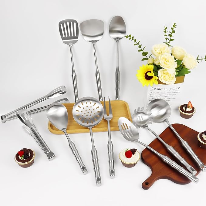 304 Stainless Steel Kitchen Utensils Set, 11PCS Metal Cooking Utensil Sets, Stainless Steel Cooking Utensils Set Include Meat Fork, Tongs, Turner, Soup Ladle, Dishwasher Safe