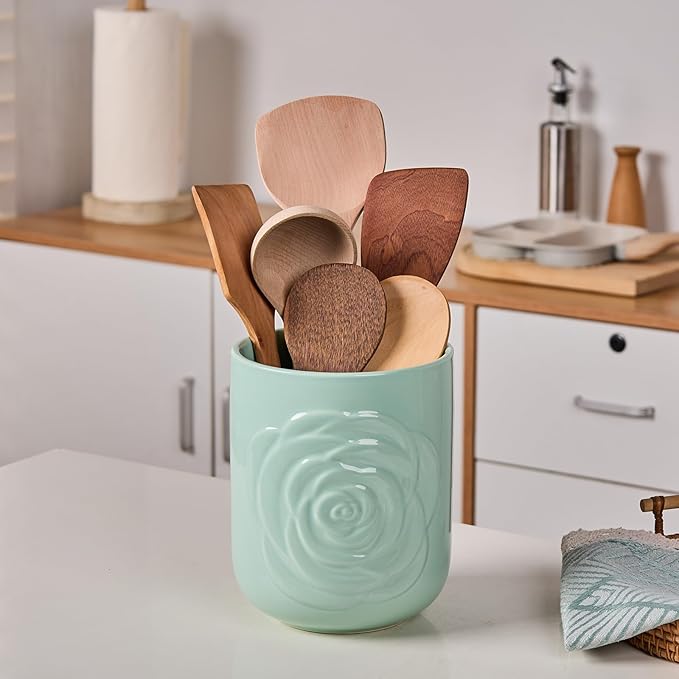 Large Utensil Holder Set of 2, 7.5"+ 5.5" - Ceramic Rose Kitchen Countertop Utensil Crock for Spatulas, Spoons & Cooking Tools, Farmhouse Kitchen Counter Decor, Green