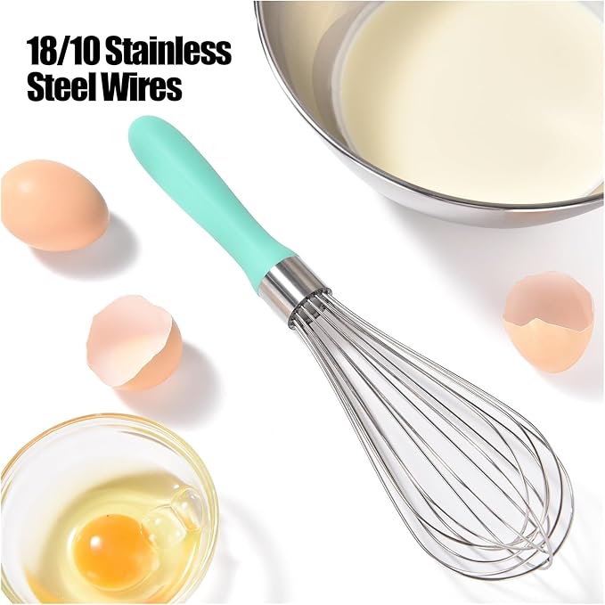 18/8 Stainless Steel Balloon Whisk, Kitchen Whisk for Cooking Handheld Egg Beater with Rust-Proof Sturdy Wires & Non-Slip Silicone Handled(Aqua Sky,M)