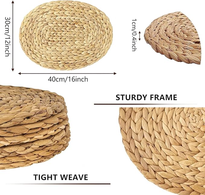 Oval Woven Placemats, Natural Water Hyacinth Placemats Set of 4, Straw Braided Rattan Placemats, 12x16 Inches Plate Chargers Set, Non-Slip Heat Resistant Woven Chargers for Dining Table
