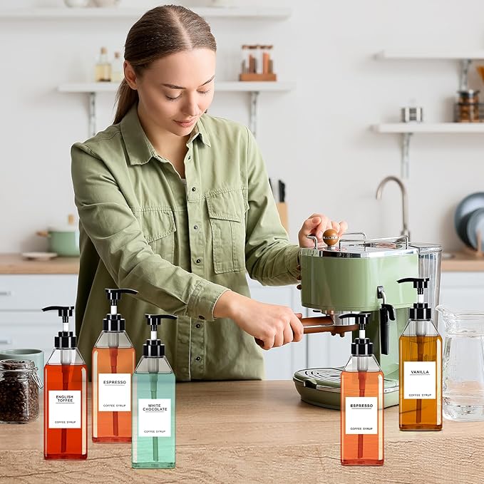 Nuogo 6 Pcs Coffee Syrup Dispenser Bottles Set 750ml, 500ml, 300ml, 150ml PET Black Syrup Bottles with Pump Dispenser 27 Labels for Coffee Bar Kitchen Accessories Portable Travel(25.4 oz,Prismatic)