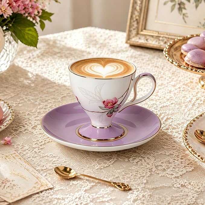 KAMMAK Ceramic Coffee Cups and Saucers Set of 2 – Handmade Porcelain Espresso Cups,8.45 oz Bone China Tea Cup with Water Lily & Winter Sweet Pattern, Elegant Demitasse for Latte, Americano, Cappuccino