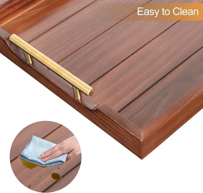 SXNOWS Ottoman Tray, Large Wooden Serving Tray with 2 Sets of Handles for Coffee Table, Rustic Living Room Kitchen Decor, 4 Round Coasters Included, Dark Brown