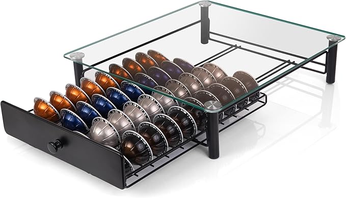 Tempered Glass Coffee Pod Drawer, Nespresso Vertuo Capsule Holder Organizer for 40 Pods, Under Coffee Maker Storage, Compatible with Vertuo Next/Plus, 14.76"x12.99"x3.5"