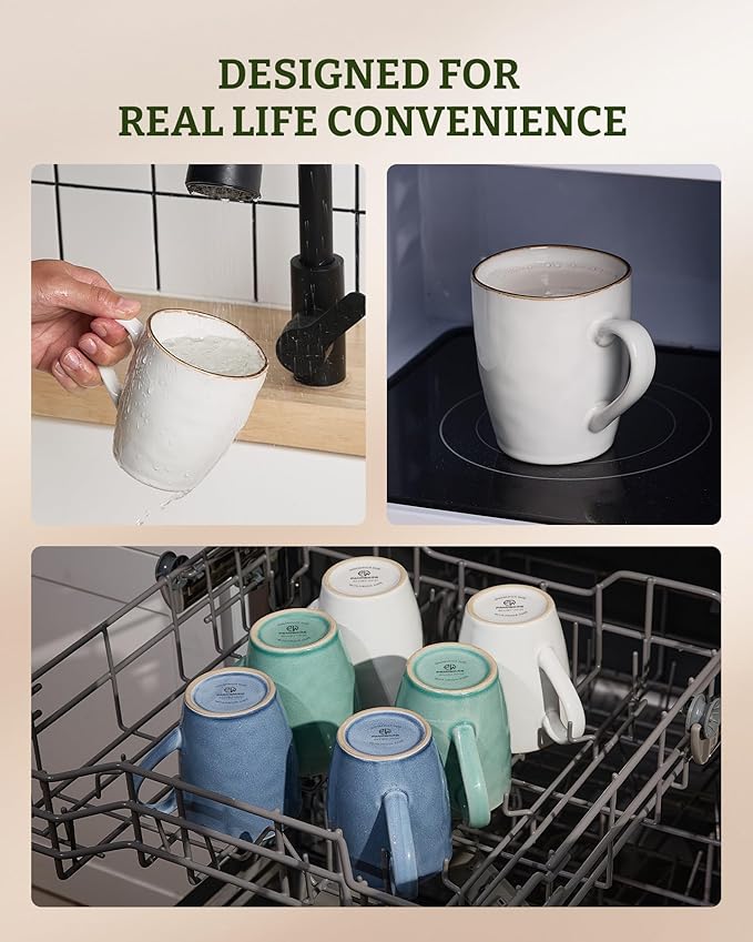 famiware Aurora Coffee Mugs, 14oz Mug Set of 4, Stoneware Mug, Cups for Kitchen, Cappuccino, Latte, Reactive Glaze, Microwave Safe, Scractch-resistant, Pearl White
